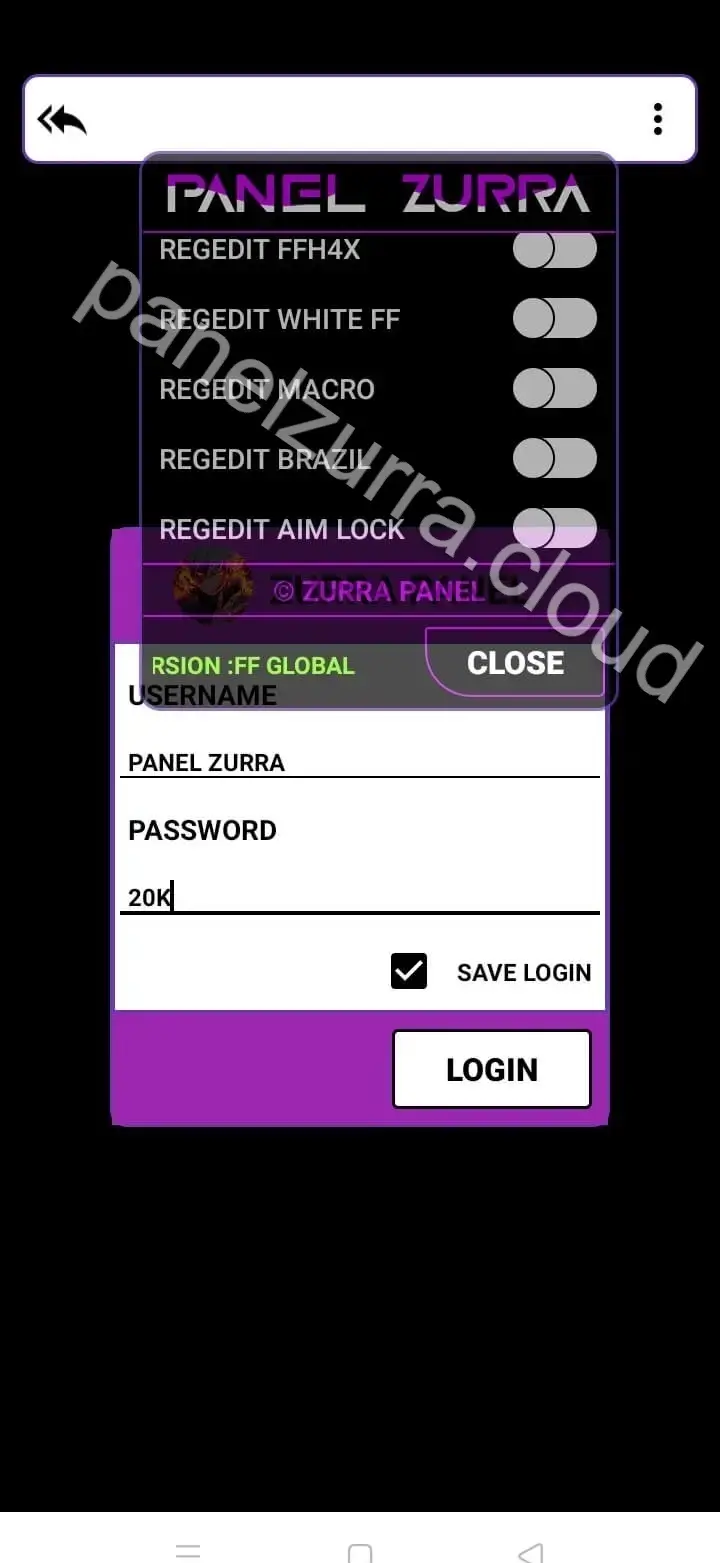 Screenshot of Panel Zurra Mobile Gaming Cheats